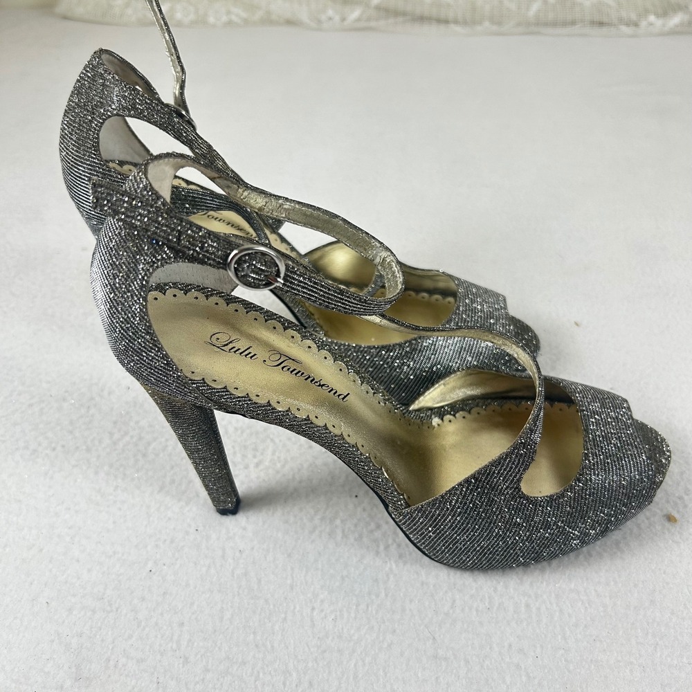 Lulu Townsend Silver Glitter Peep Toe Platform Ankle Strap Heels Womens Size 10M